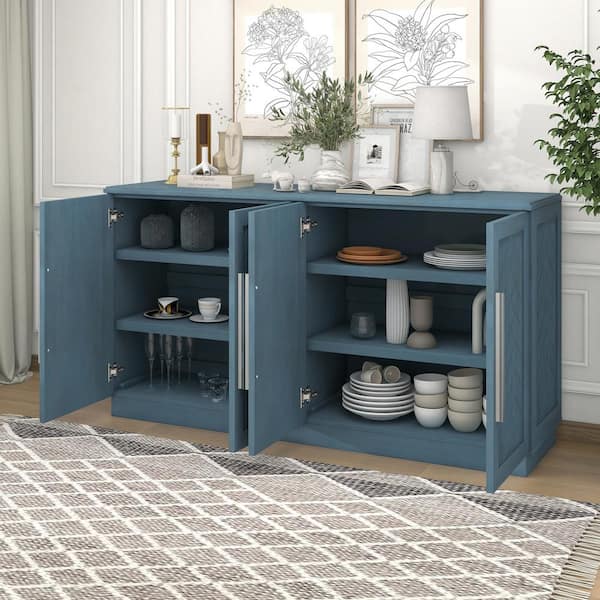 Runesay 60 in. W x 16 in. D x 32 in. H Antique Blue Rubber Wood Ready to Assemble Kitchen Storage Cabinet with Silver Handles