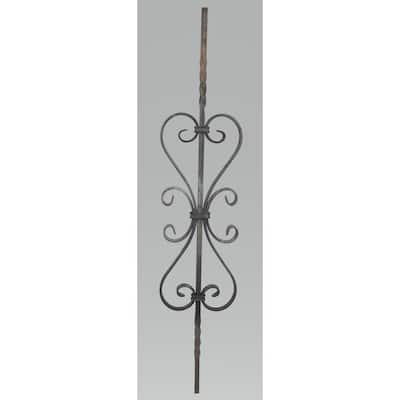 35-7/16 in. x 7-1/16 x 1/2 in. Wrought Iron Square Bar Center Scroll Dual Twist Forged Raw Picket
