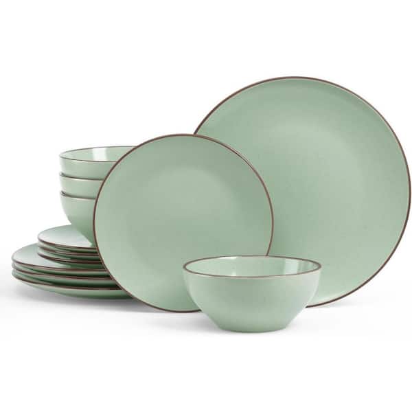 12-Piece Matte Light Green Stoneware Speckled Round Plates and Bowls Set(Service for 4)