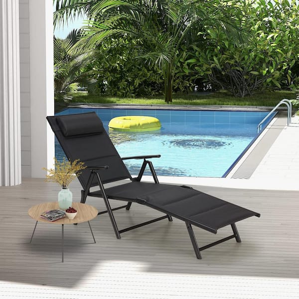 Cesicia Black Outdoor Folding Lounge Chair with Padded Headrest and 7 ...