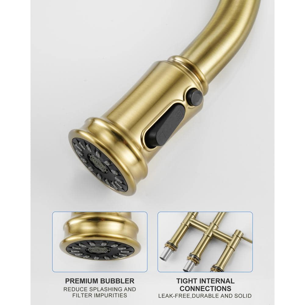 Gold Double Handle Bridge Kitchen Faucet with Pull Down Sprayer