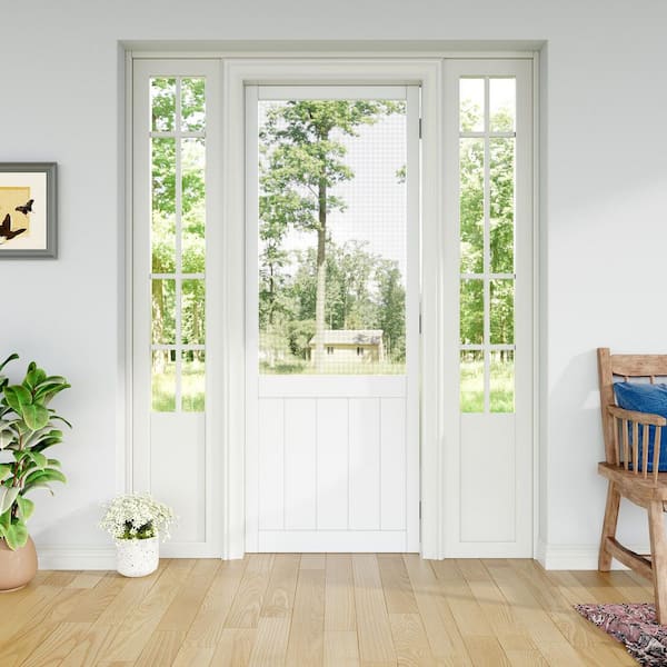 32 in. x 80 in. Universal Primed White Paneled Railing Style Pine Wood and Gauze Mesh Hinged Screen Door for Front Door