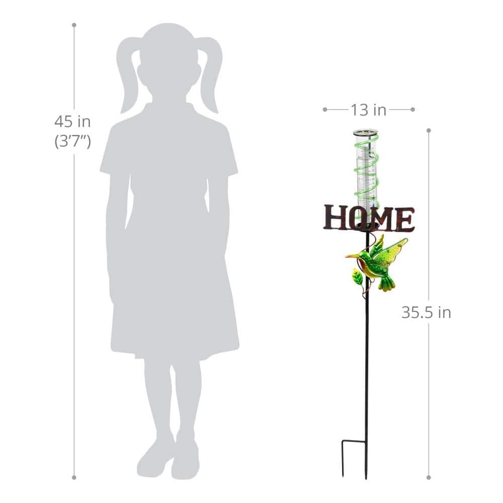 Green Metal Solar Hummingbird Rain Gauge Garden Stake