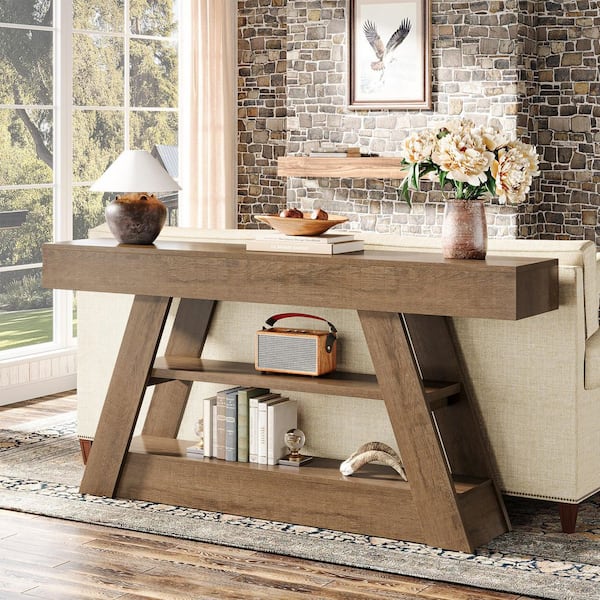 BYBLIGHT Turrella 63 in. Brown Rectangle Wood Console Table Long ...