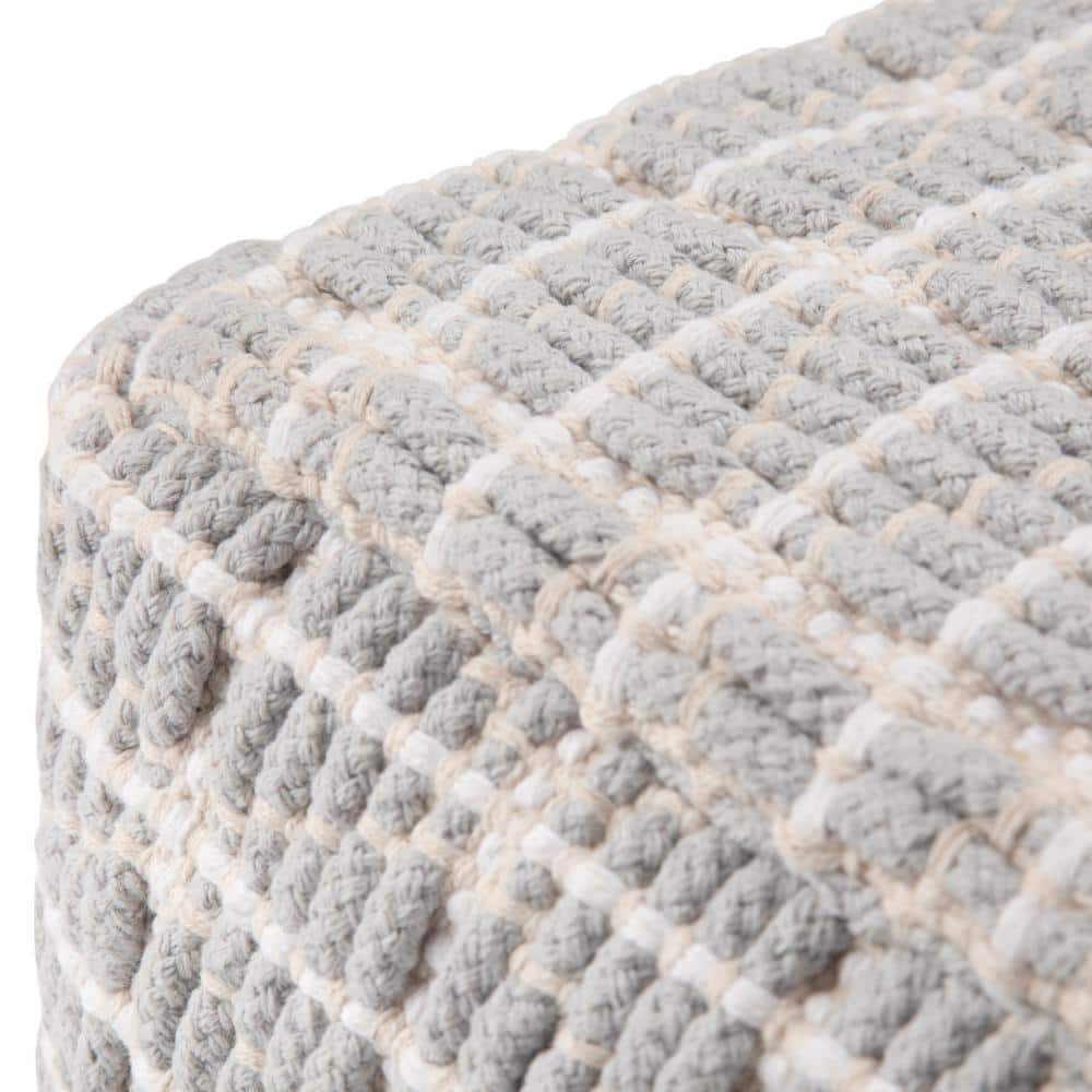Noreen Light Blue and White Handloom Woven Square Pouf