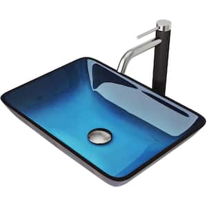 Glass Rectangular Vessel Bathroom Sink in Turquoise Blue with Lexington Faucet and Pop-Up Drain in Brushed Nickel
