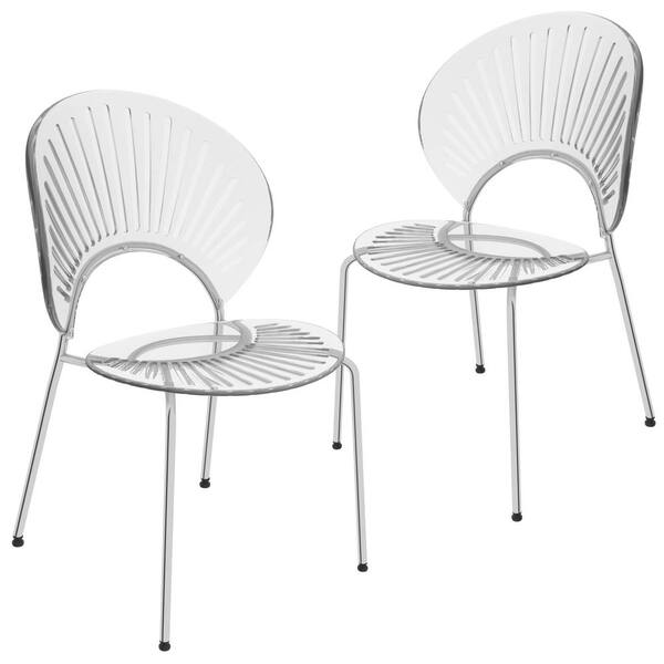 Leisuremod Opulent Mid Century Modern Plastic Dining Chair in Chrome Metal Legs Armless Set of 2, Clear