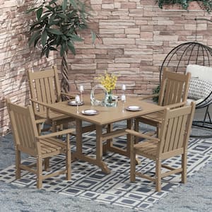 Hayes 5-Piece HDPE Plastic Outdoor Patio Dining Set with Square Table and Arm Chairs in Weathered Wood