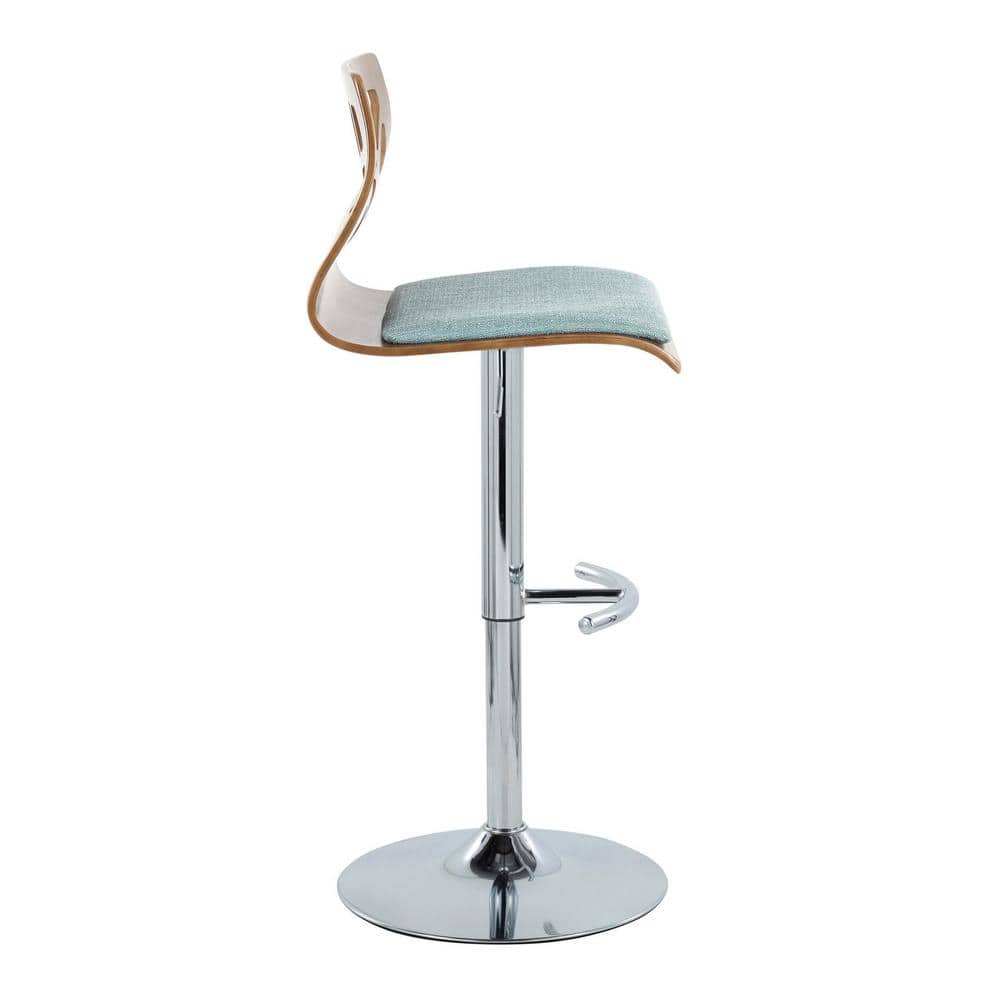 Teal and Walnut Adjustable Swivel Bar Stools with Metal Base