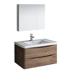 Tuscany 36 in. Modern Wall Hung Bath Vanity in Rosewood with Vanity Top in White with White Basin and Medicine Cabinet