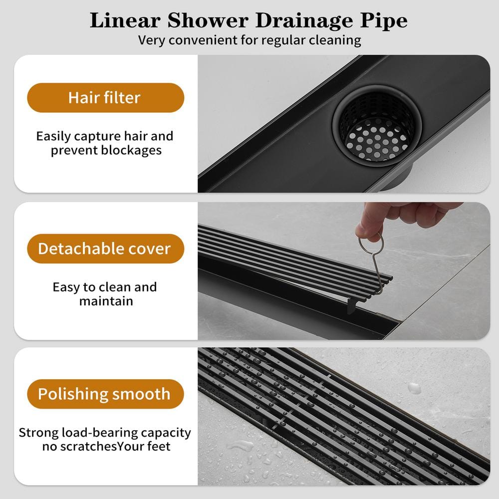 32'' Matte Black Stainless Steel Linear Shower Drain with Slot Pattern Cover