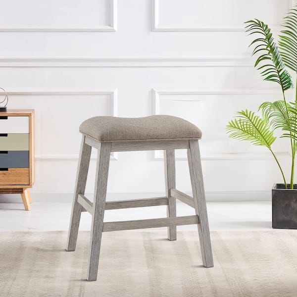 19 in. Beige Backless Wooden Frame Bar Stool with Fabric Seat