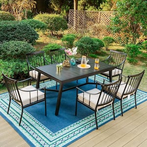 7-Piece Metal Outdoor Dining Set with Extensible Rectangular Slat Table and Stylish Chairs with Beige Cushions