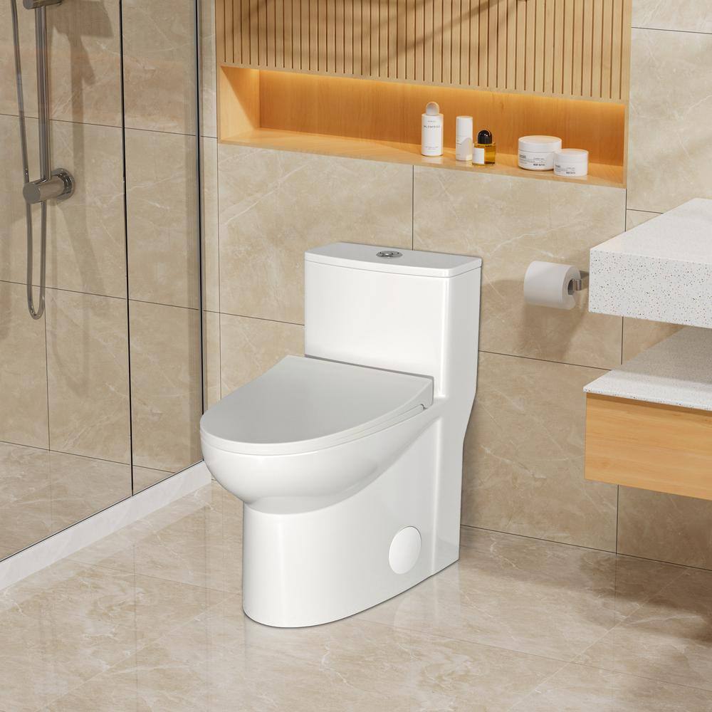 White Ceramic One-Piece Elongated Dual Flush Toilet