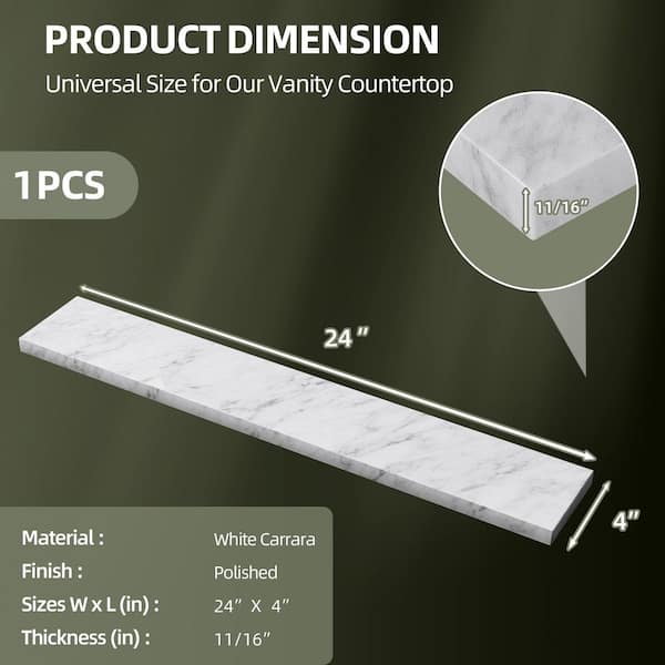 24 in. W x 4 in. H Marble Vanity Backsplash in White Carrara Rear Panel for Bathroom Vanity Sink Top
