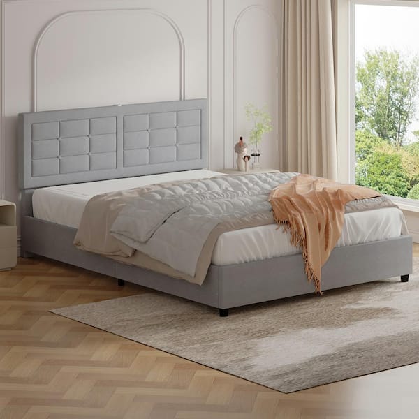 VECELO Upholstered Bed, Gray Metal Frame Full Platform Bed with Wood Slats Support, Headboard, Built-in USB and Type C Ports