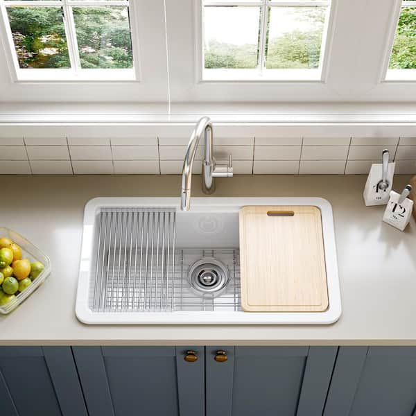 33 in. Drop-In Single Bowl Ceramic White Kitchen Sink Standard and Bottom Grid, Drain Assembly, Cutting Board