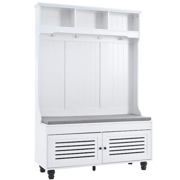 5-in-1 Entryway Bench with Coat Rack, 4 Sturdy Hooks, 47.2 in. Wide Hall Tree with Storage Bench, White