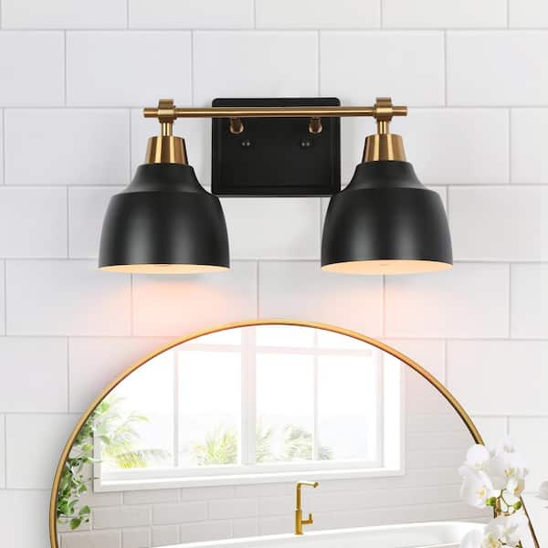 Modern 2-Light Black Vanity Light with Brass Plated Metal Arm White Inner Bell Shades for Bathroom Round/Arched Mirror