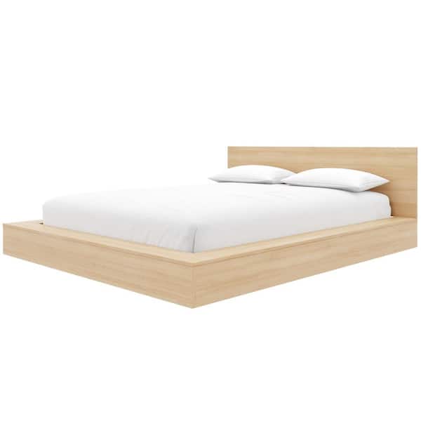 Kanso Beige Oak Frame Queen Size Low Profile Platform Bed with Headboard