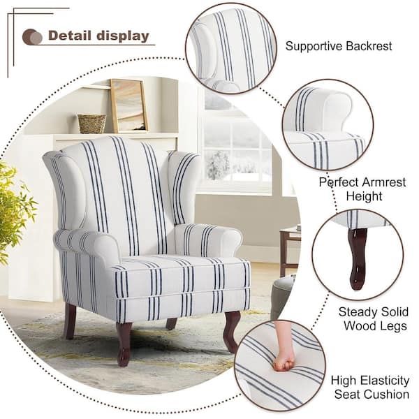 Uixe Stripe Navy Linen Wood Legs Upholstered Accent Arm Chair with