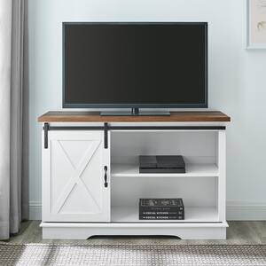 44 in. Reclaimed Barnwood and Solid White Farmhouse Sliding X-Door TV Stand Fits TVs up to 50 in.
