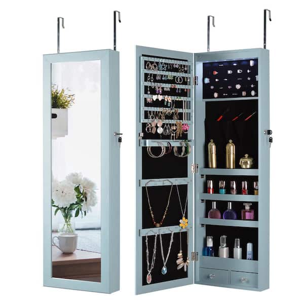 TIRAMISUBEST Jewelry Storage Mirror Cabinet With LED Lights Can Be Hung On The Door Or Wall,Blue