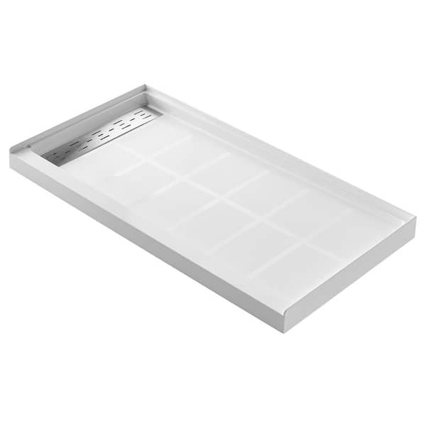 48 in. L x 32 in. W Single Threshold Alcove Shower Pan Base in White with Left Drain and Stainless Steel Cover