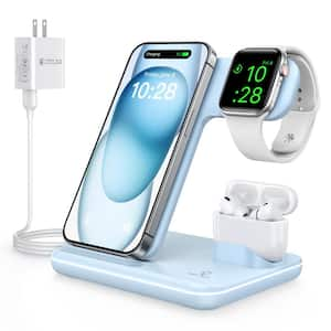 Upgraded 3 in 1-Sky Blue Wireless Charging Station Wireless Charger for iPhone Smart Watch and Airpods