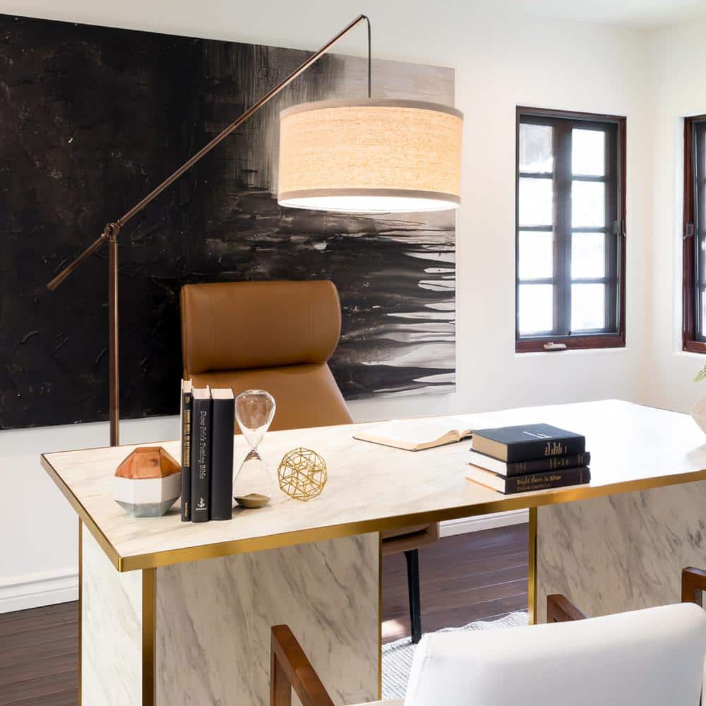 Adjustable Arc LED Floor Lamp for Kids' Room in Bronze with Beige Shade