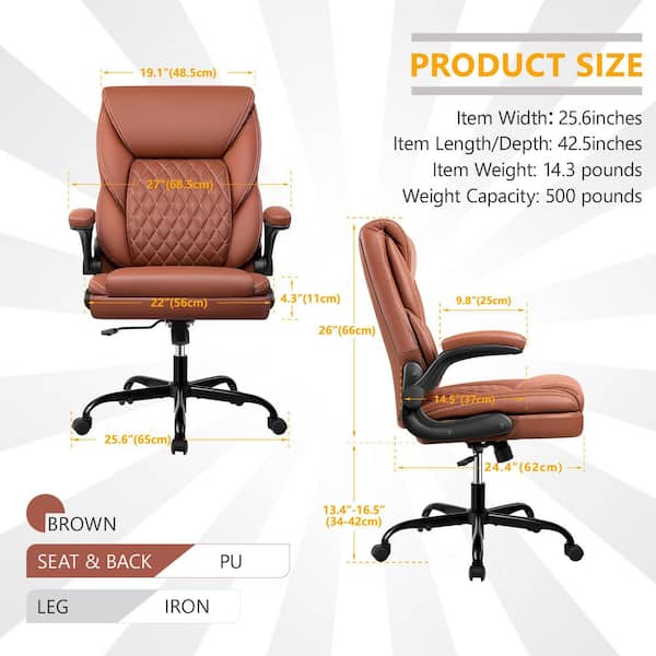 Brown Sponge Cushion Arm Chair with Textured PU Leather, Adjustable Armrests and Backrest, SGS-certified Gas Lift