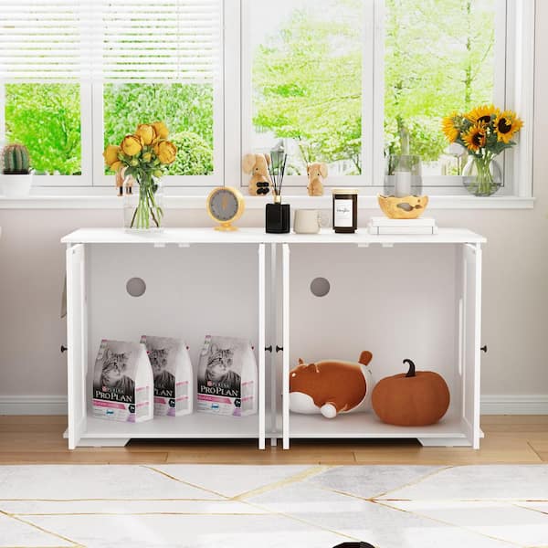 Modern Cat House, Litter Box Enclosure Furniture Hidden, Indoor Cat Washroom Storage Bench for Living Room, White