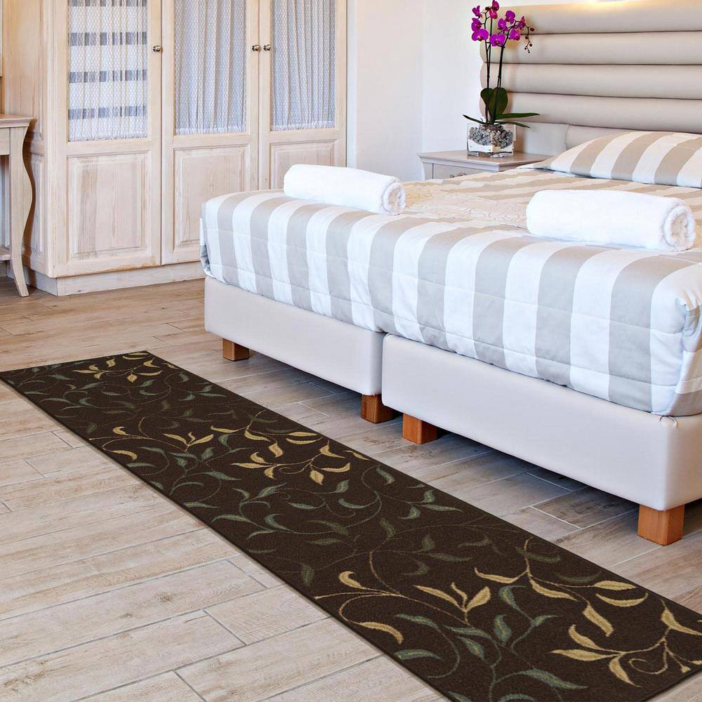 Dark Brown Runner Rug with Beige and Green Leaves Design