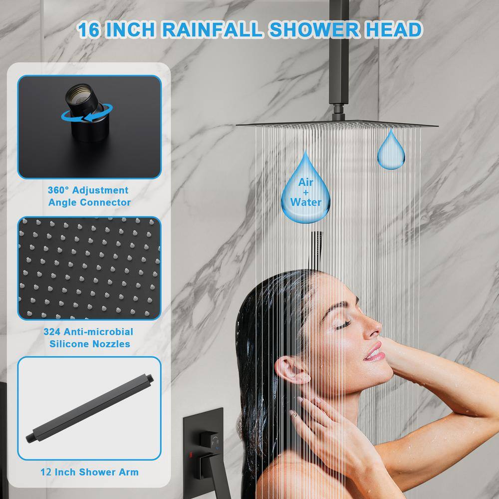 Large Black Matte Dual Square Ceiling Rainfall Shower System