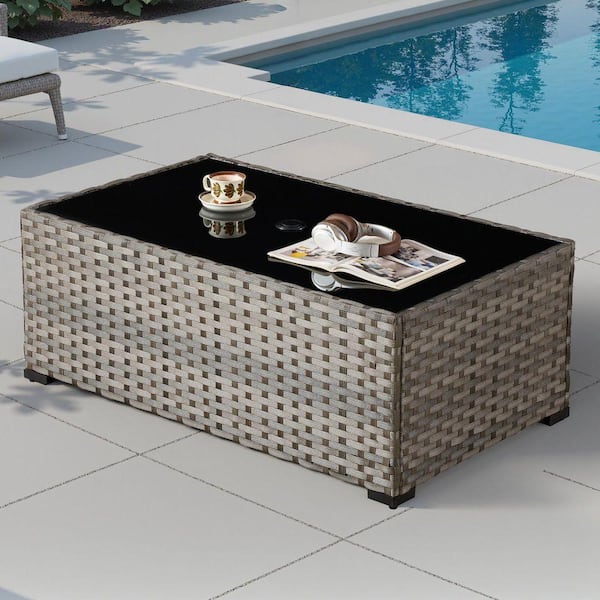 OculusB Rectangle Wicker Outdoor Patio Coffee Table with Tempered-Glass Top and Umbrella Hole