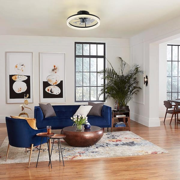 Elden 19.6 in. Indoor Modern Black Wheel Ring Semi-Flush Standard Ceiling Fan with Color-Changing Integrated LED