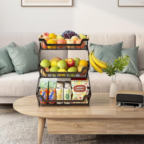 Wudkey 3-Tier Detachable Metal Fruit Basket with Wooden Handle and