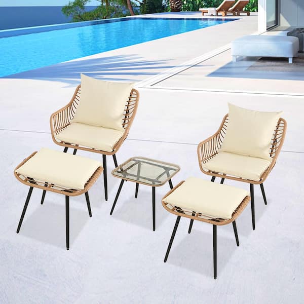 Zeus & Ruta 5-Pieces Wicker Patio Conversation Set,Outdoor Patio Furniture Set with Beige Cushions for Deck Garden Backyard Poolside