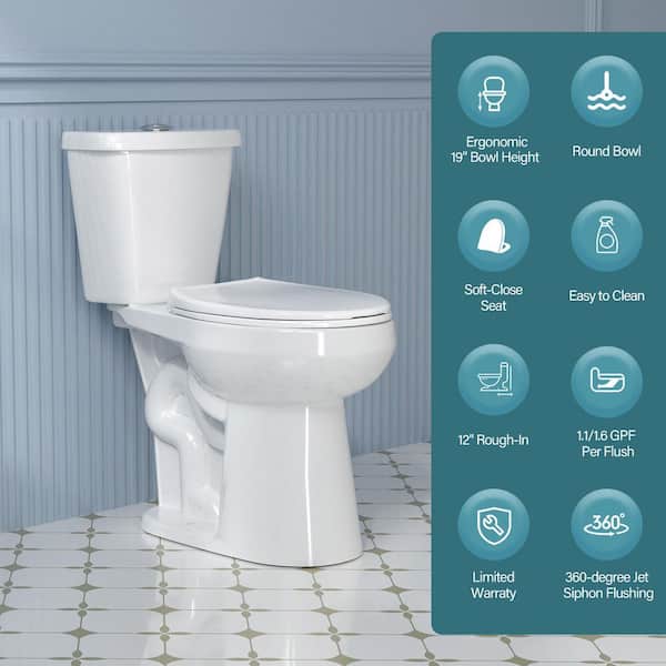19 in. 2-Piece Toilet Dual Flush 1.1/1.6 GPF Map Flush 1000g Round White Toilet Included Soft Close Seat 12 in. Rough in