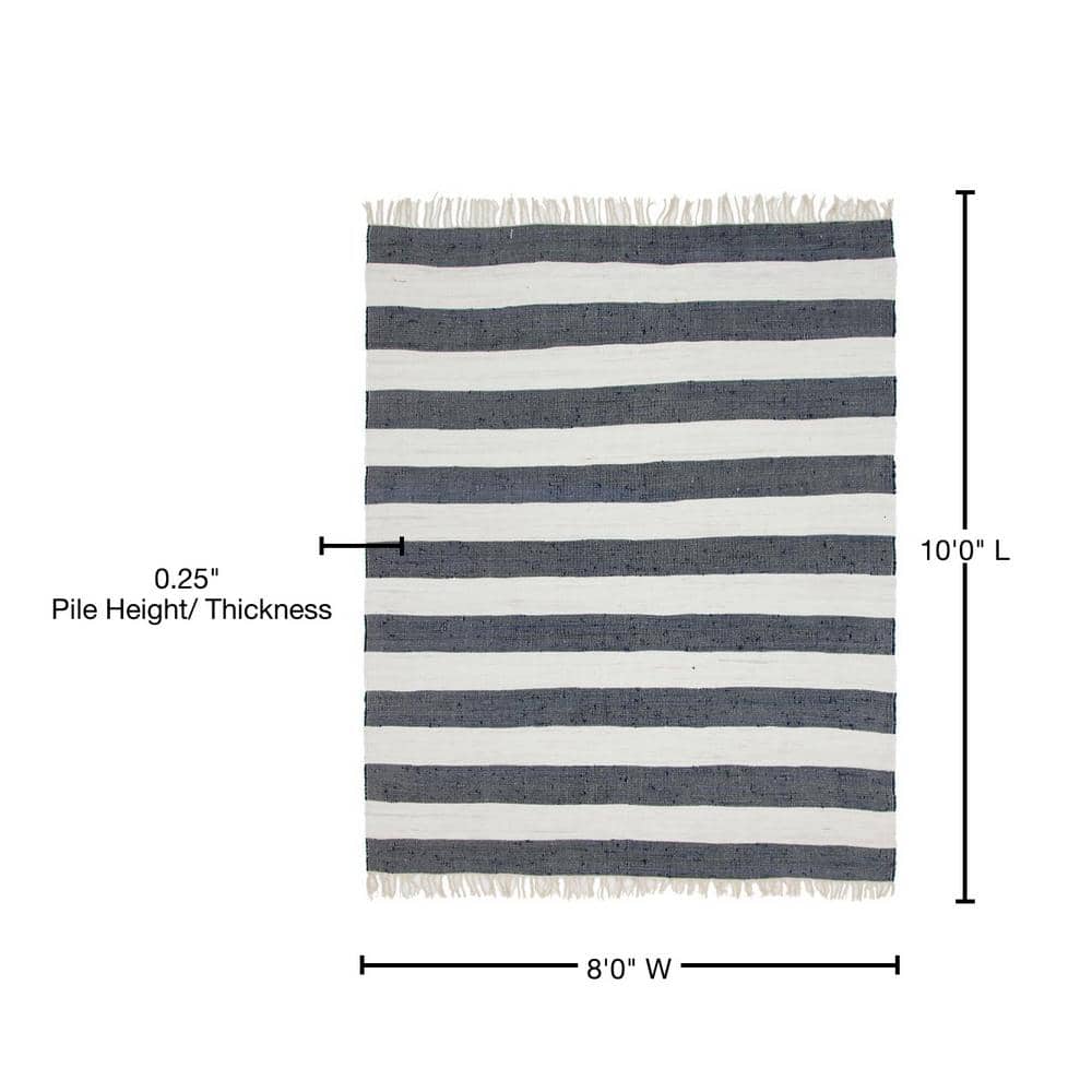 Handmade Navy Blue Braided Stripe 8' x 10' Easy-Care Rug
