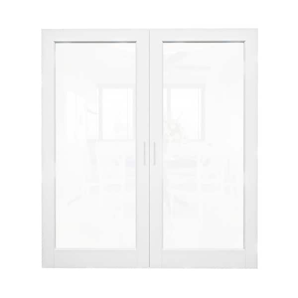 72 in. x 80 in. 1-Lite Clear Glass White Solid Core Wood French Door without Jamb Interior Door Slab with Ball Catch