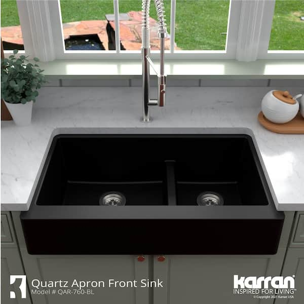 Karran Retrofit Farmhouse Apron Front Quartz Composite 34 in. Double Bowl Kitchen  Sink in Grey QAR-750-GR - The Home Depot