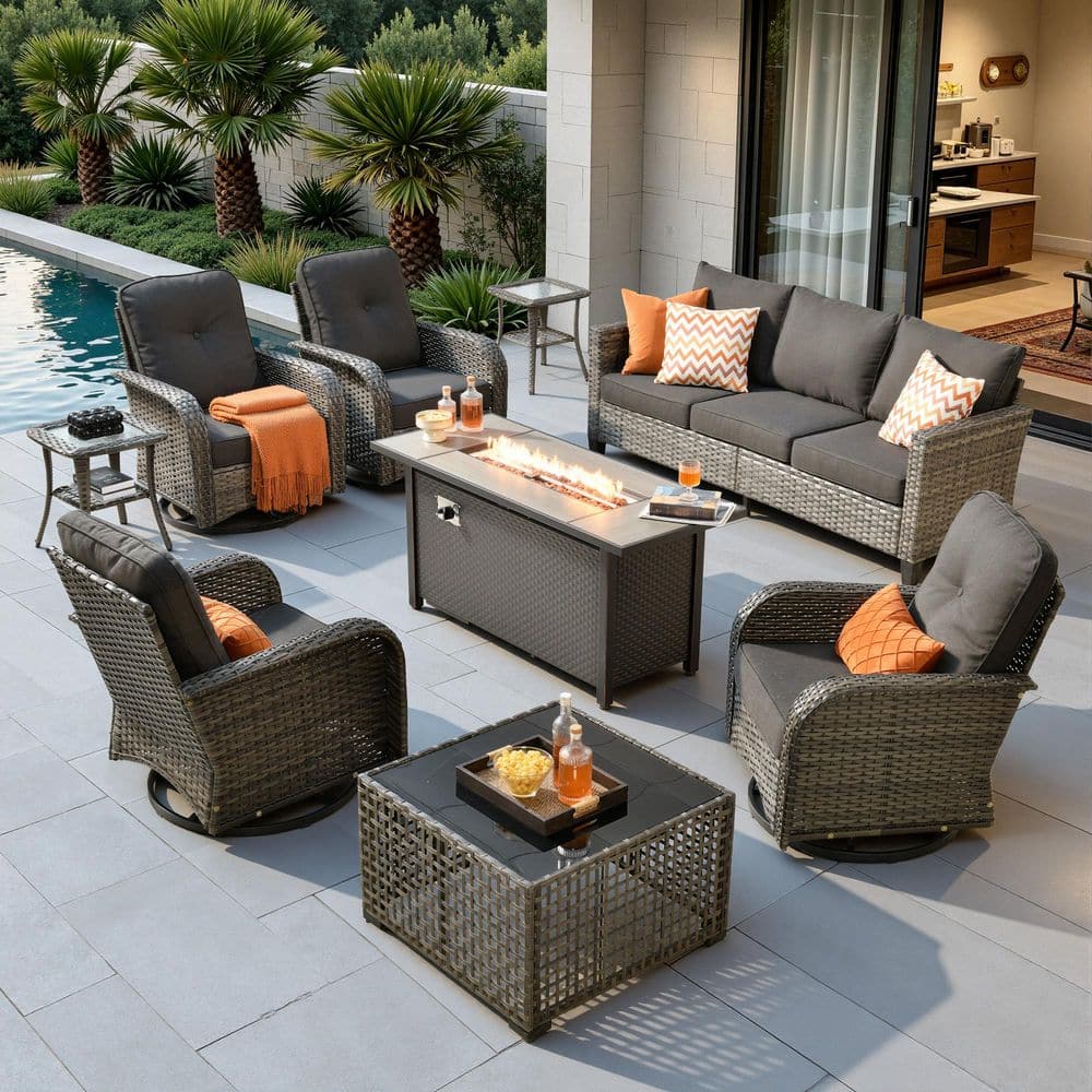 Mirada Gray 9-Piece Wicker Patio Fire Pit Conversation Sofa Set with Swivel Chairs, Tables and Black Cushions price history on PriceWatchPro