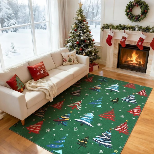 5 X 7 ft. Green Christmas Washable Area Rug, Soft Carpet with Xmas Tree, Non-Slip Backing, Foldable, for Living Room