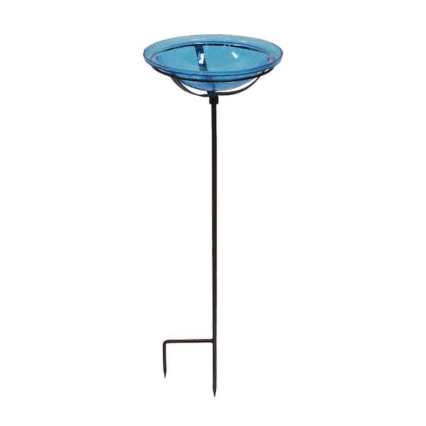 Crackle Glass Birdbath Bowl With Stake 12.5 in. Dia Teal Blue