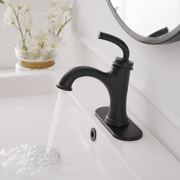 Single Handle Farmhouse Single Hole Bathroom Faucet in Matte Black with Deck Plate and Drain