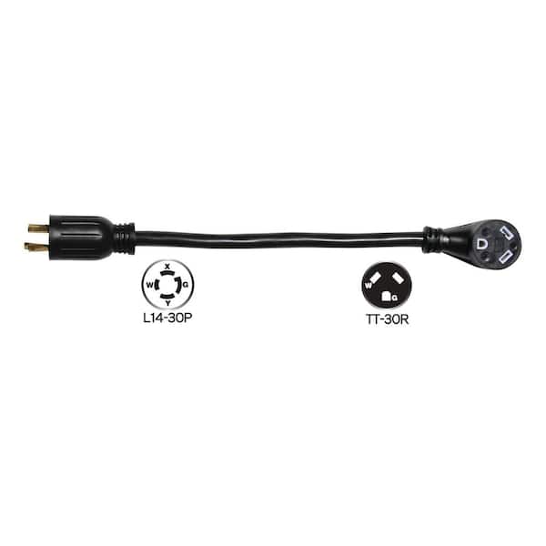 Locking 30 Amp Plug (L14-30P) to Right Angle 30 Amp Receptacle (TT-30R) RV Adapter