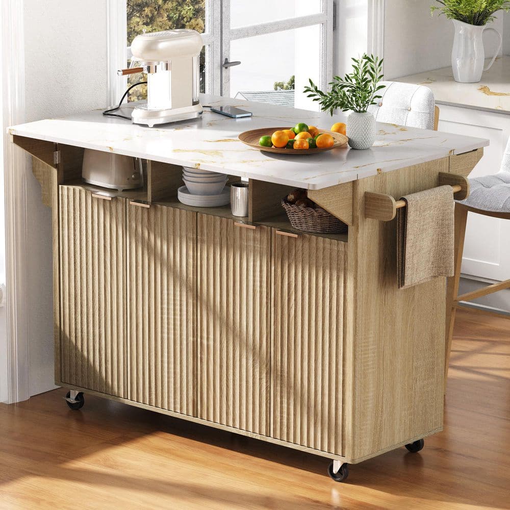 White Wood Kitchen Cart with 2 Drop-Leaf, USB Charging Station, 3 Open Compartment, Spice, Towel Rack