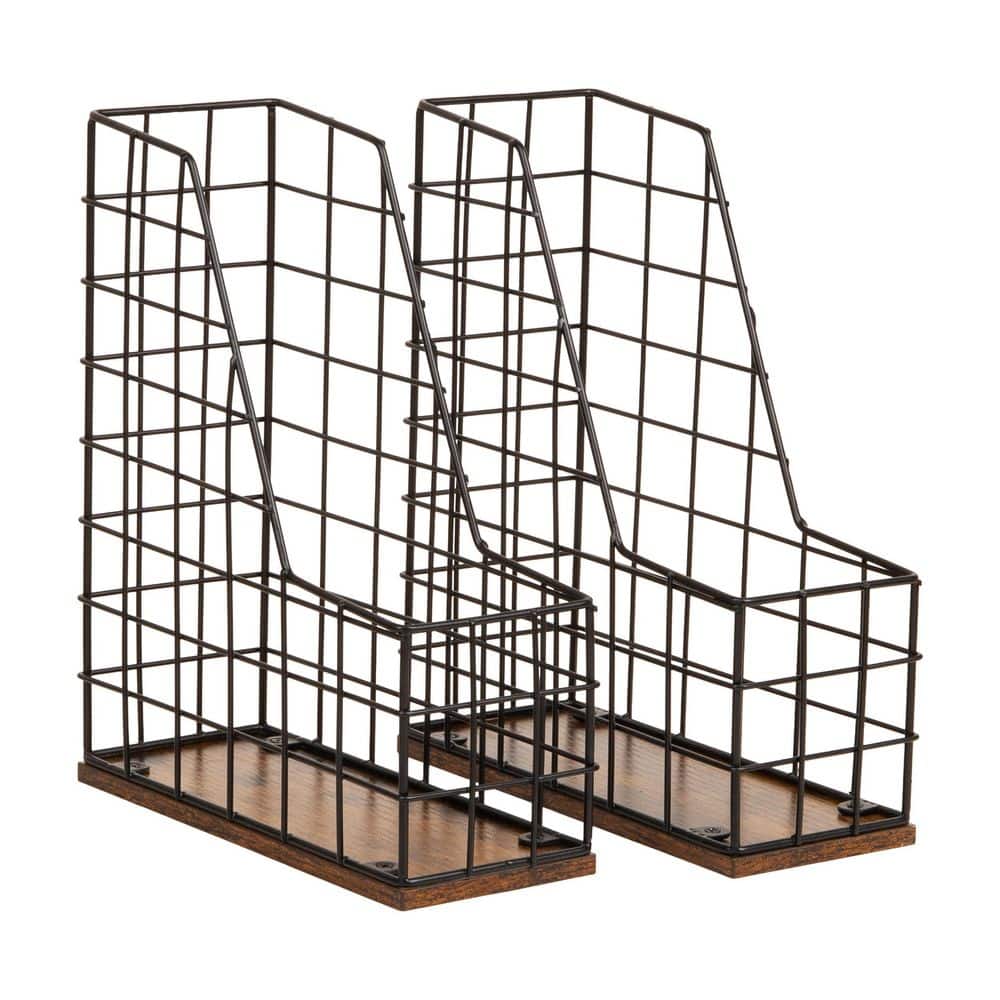 Mind Reader Vertical File Organizer with Wood Base and Black Metal