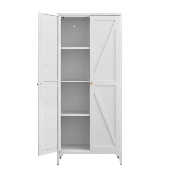White 65 in. H Metal Storage Cabinet with Barn Doors, Steel File Cabinet w/Adjustable Shelves, Kitchen Pantry Cabinet